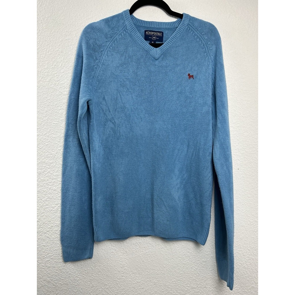 Vintage Aeropostale Blue V-Neck Pullover Sweater Womans M Bulldog Logo Classic